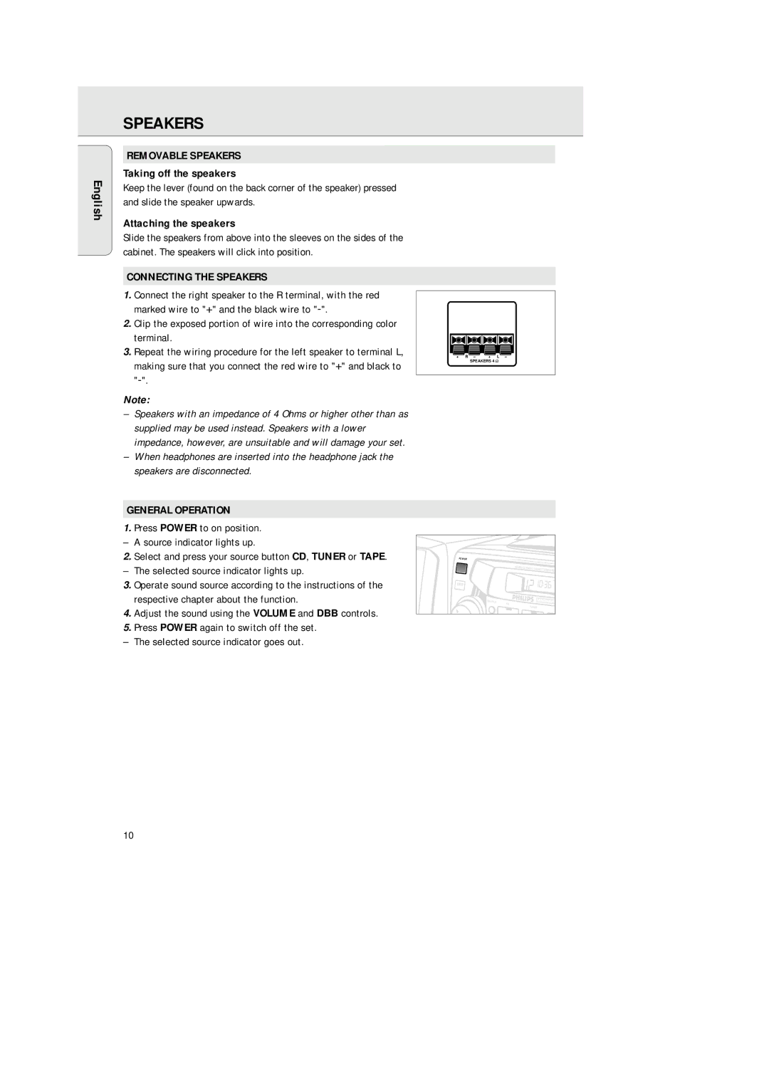 Philips AZ2200/17 manual Removable Speakers, Connecting the Speakers, General Operation 