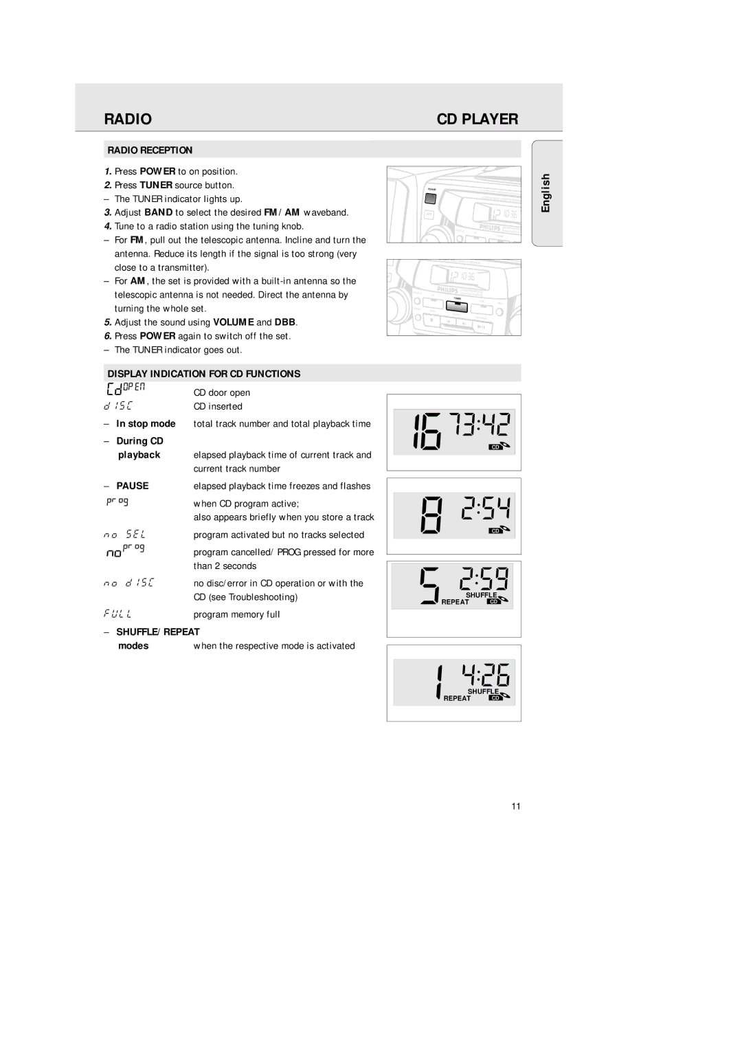 Philips AZ2200/17 manual Radio Reception, Display Indication for CD Functions, Pause, SHUFFLE/ Repeat 