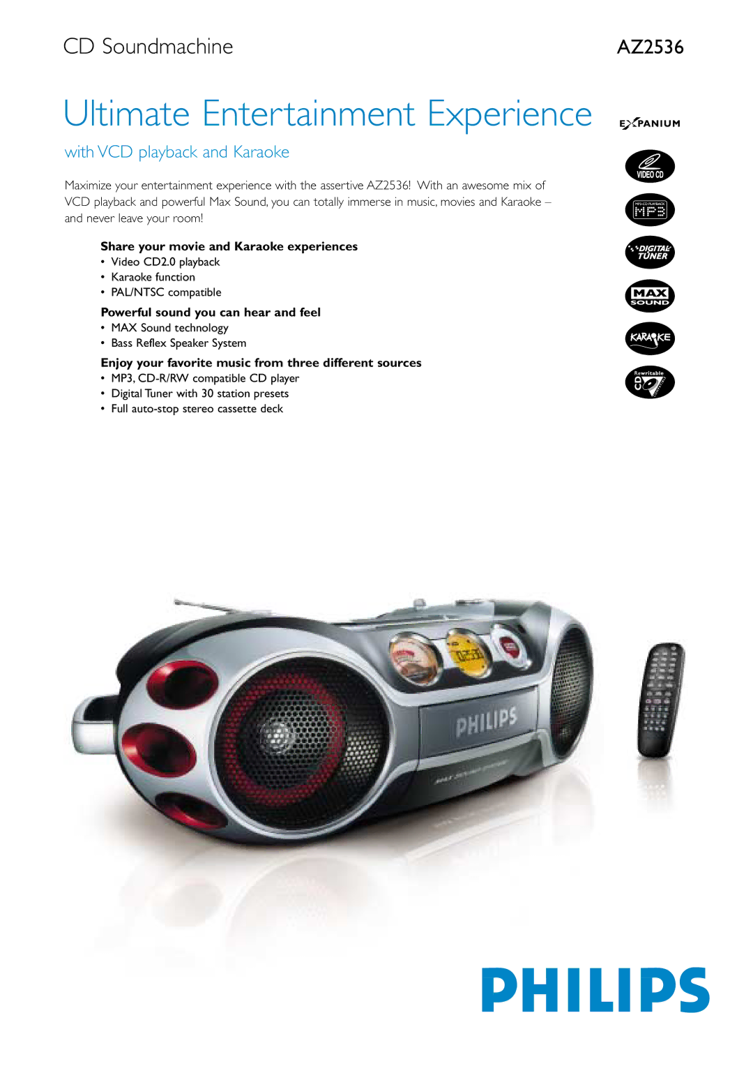 Philips AZ2536/00C manual Share your movie and Karaoke experiences, Powerful sound you can hear and feel 