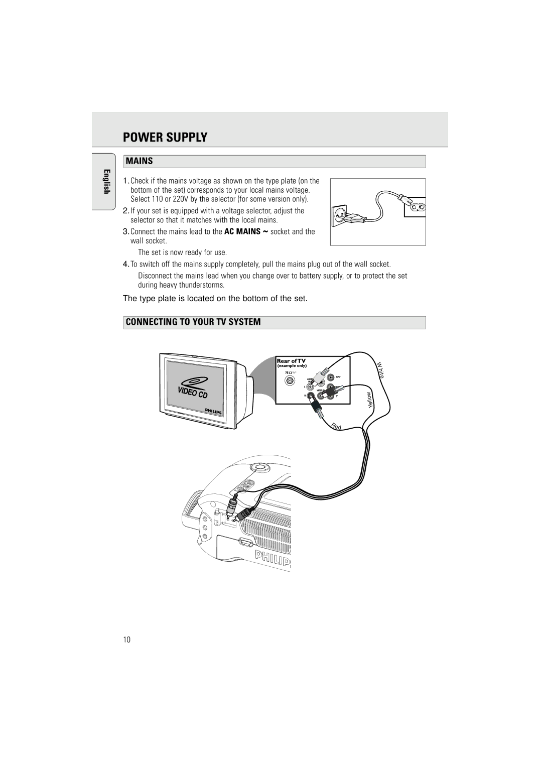 Philips AZ2536/01 user manual Mains, Connecting to Your TV System, Select 110 or 220V by the selector for some version only 