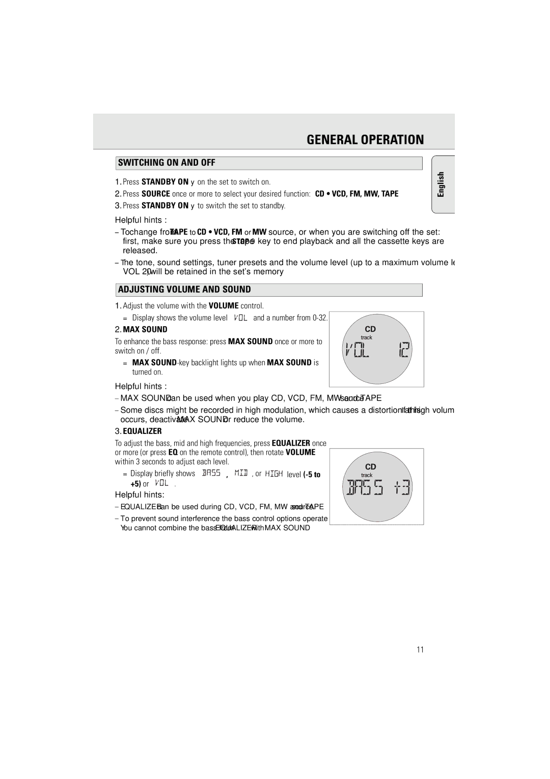 Philips AZ2536/01 user manual General Operation, Switching on and OFF, Adjusting Volume and Sound, MAX Sound, Equalizer 