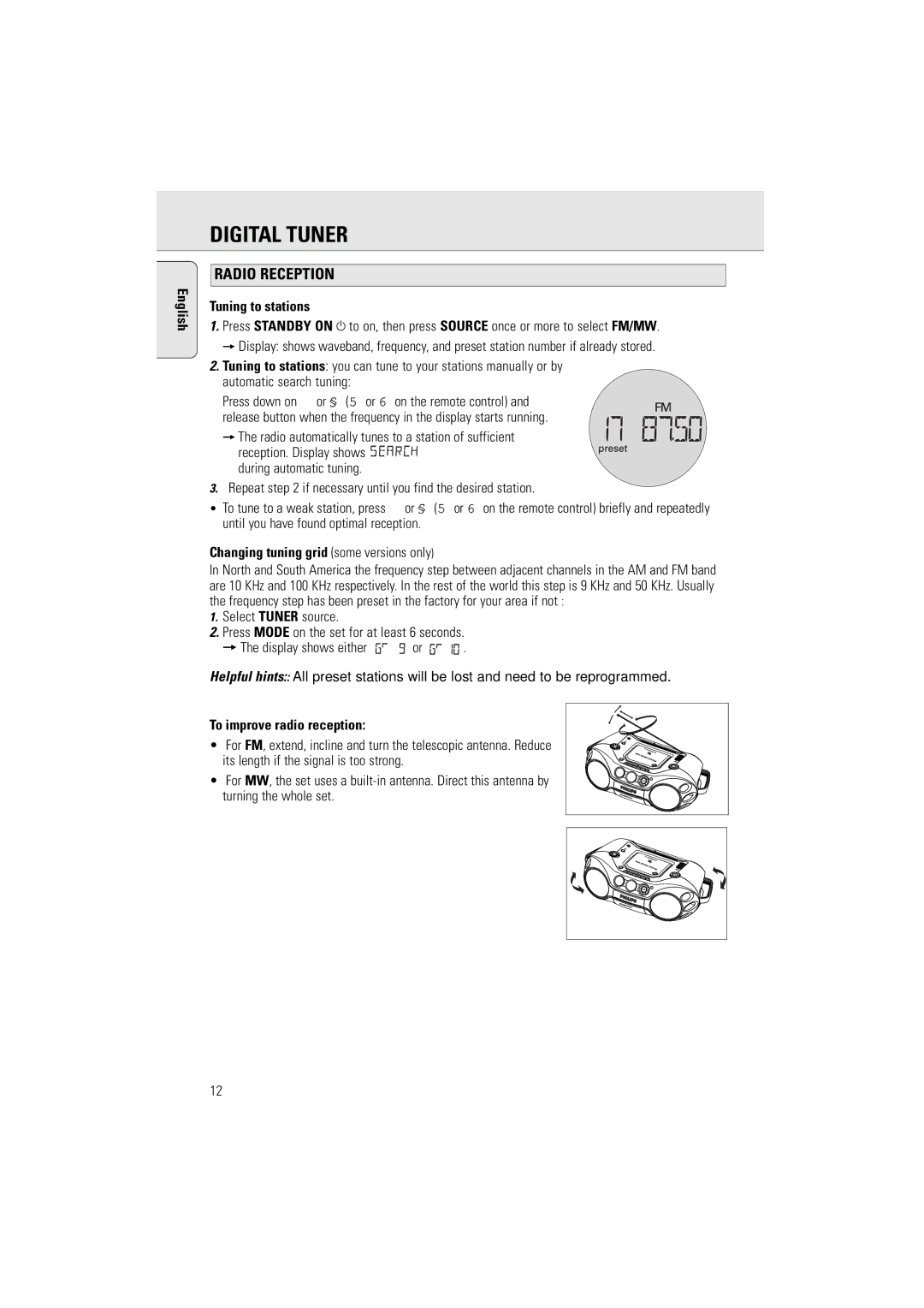 Philips AZ2536/01 user manual Digital Tuner, Radio Reception, Tuning to stations, Changing tuning grid some versions only 