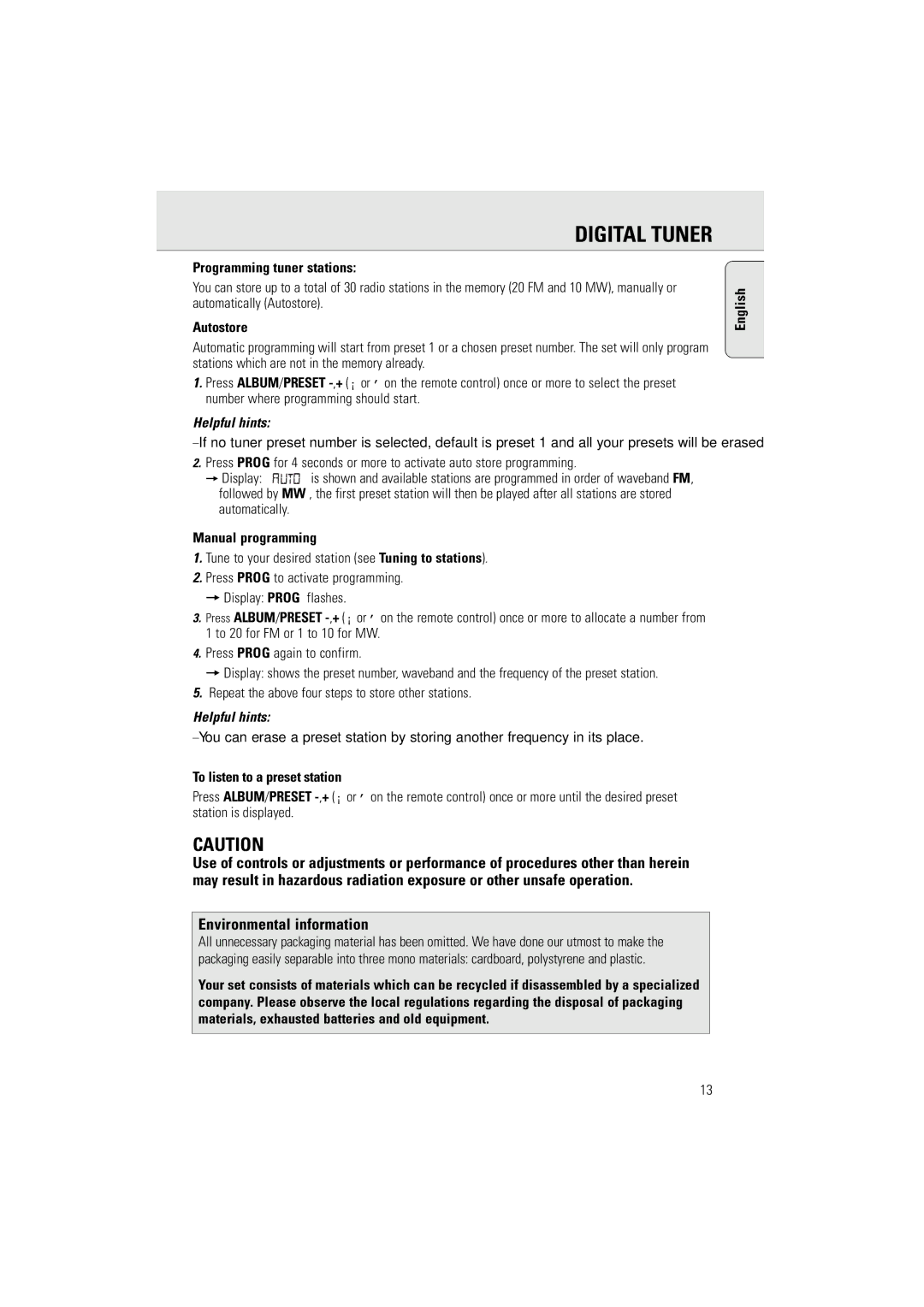 Philips AZ2536/01 user manual Environmental information, Programming tuner stations, Autostore, Manual programming 