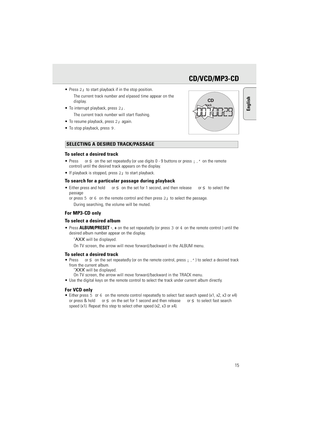 Philips AZ2536/01 Selecting a Desired TRACK/PASSAGE, To select a desired track, For MP3-CD only To select a desired album 