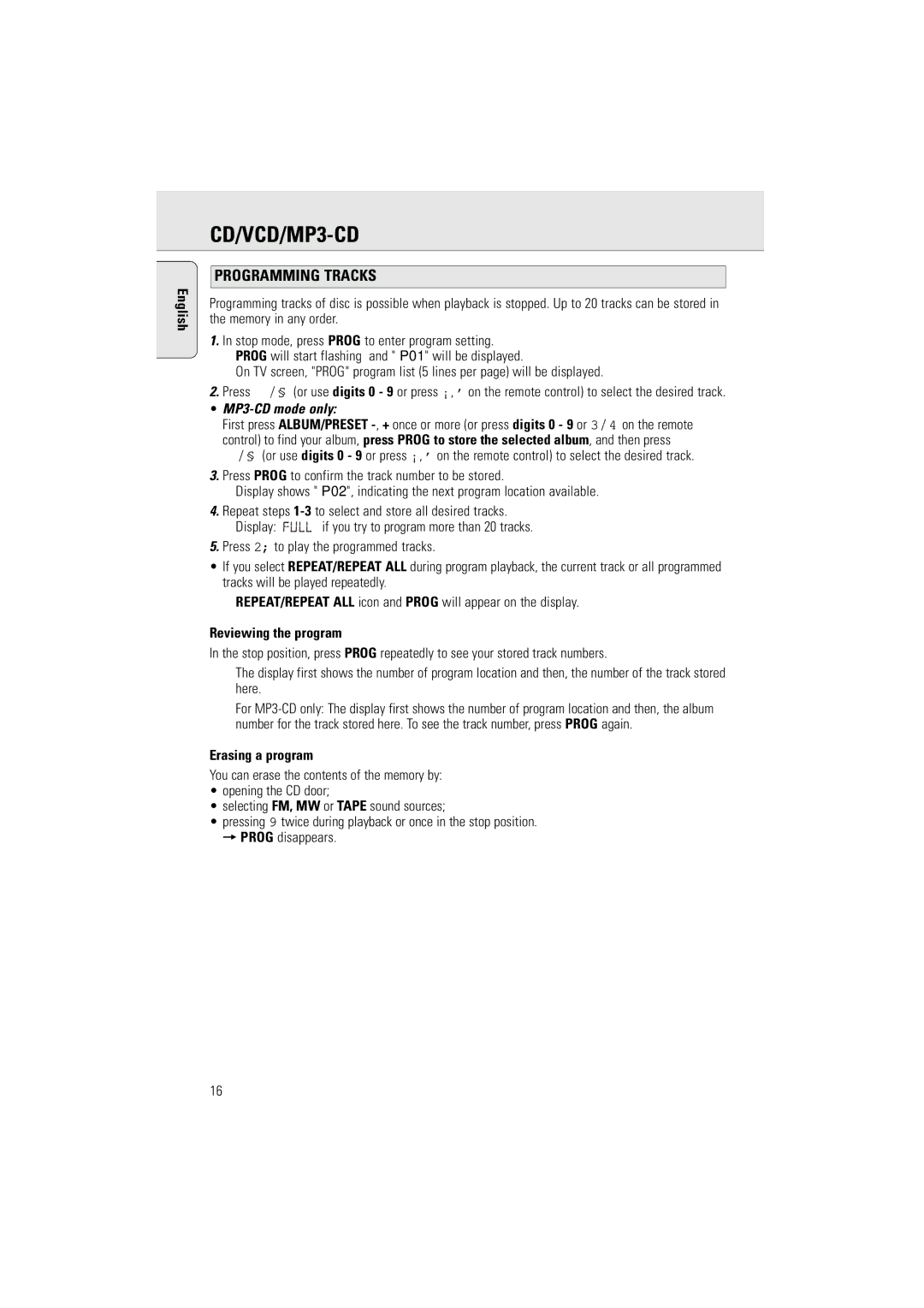 Philips AZ2536/01 user manual Programming Tracks, Reviewing the program, Erasing a program 