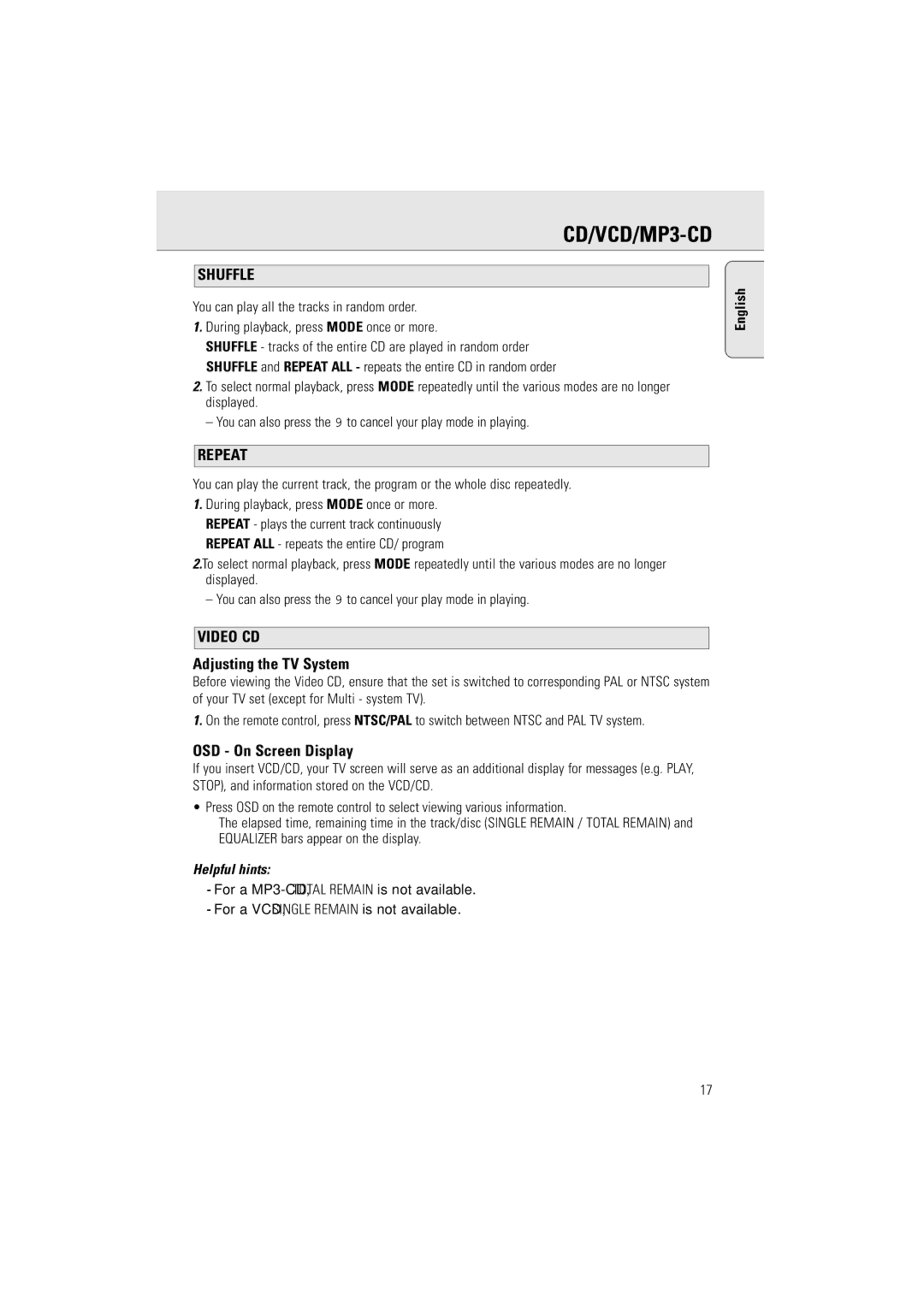 Philips AZ2536/01 user manual Shuffle, Repeat, Video CD, Adjusting the TV System, OSD On Screen Display 