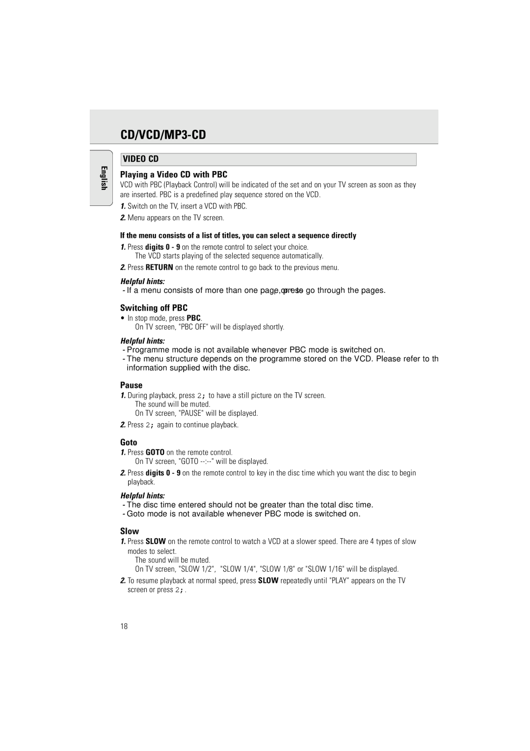 Philips AZ2536/01 user manual Playing a Video CD with PBC, Switching off PBC, Pause, Goto, Slow 