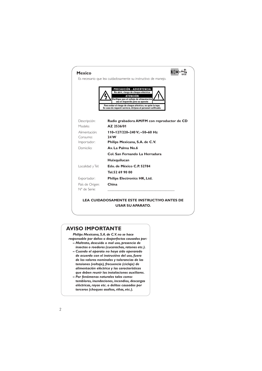 Philips AZ2536/01 user manual Mexico, Atención 