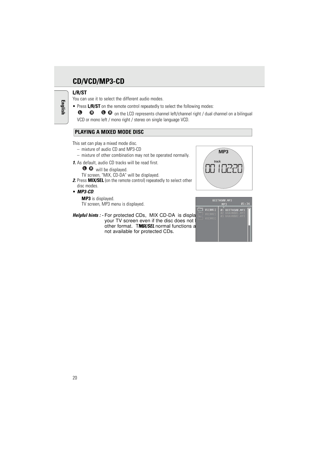 Philips AZ2536/01 user manual Playing a Mixed Mode Disc, MP3 is displayed TV screen, MP3 menu is displayed 