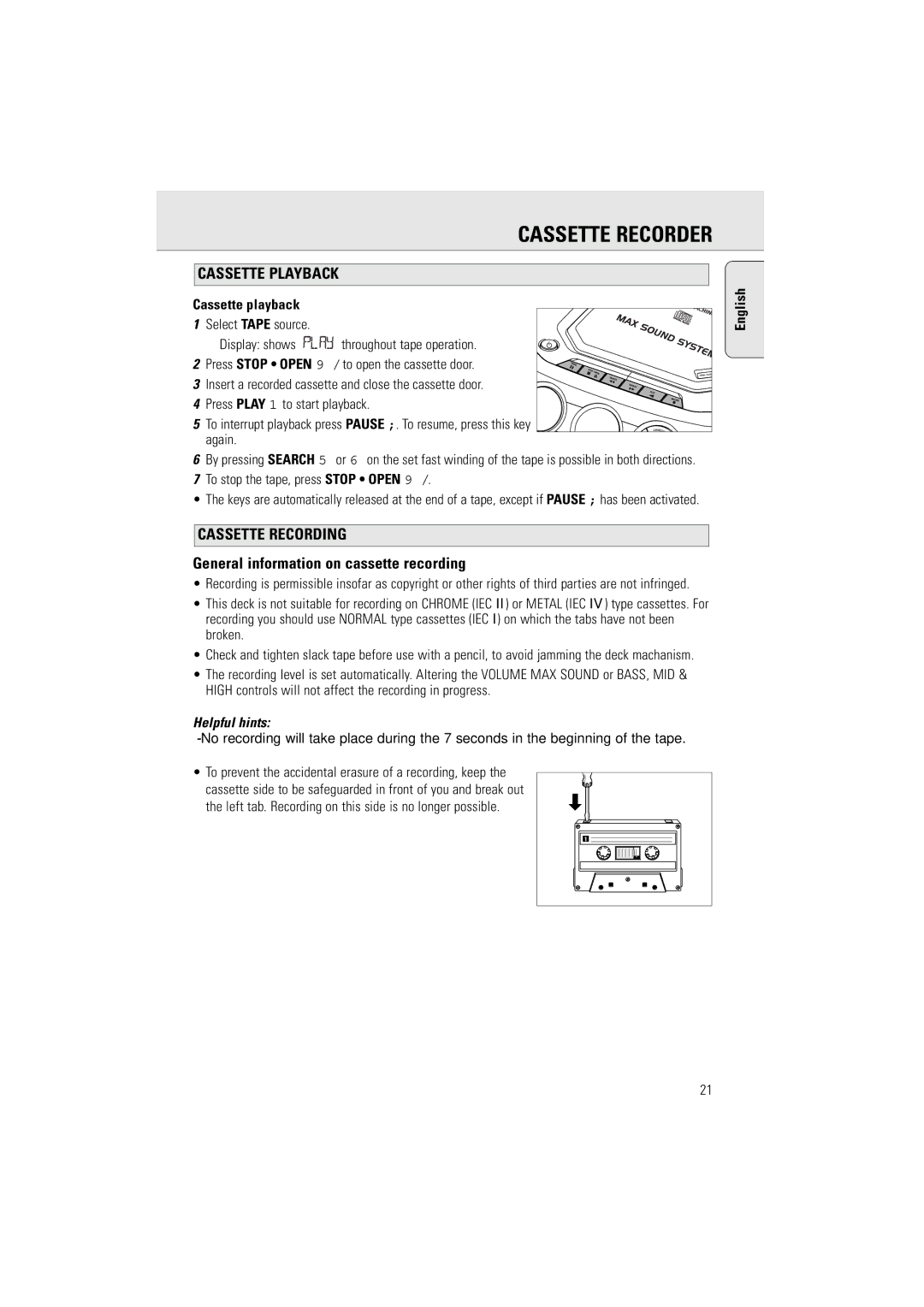 Philips AZ2536/01 Cassette Playback, Cassette Recording, General information on cassette recording, Cassette playback 