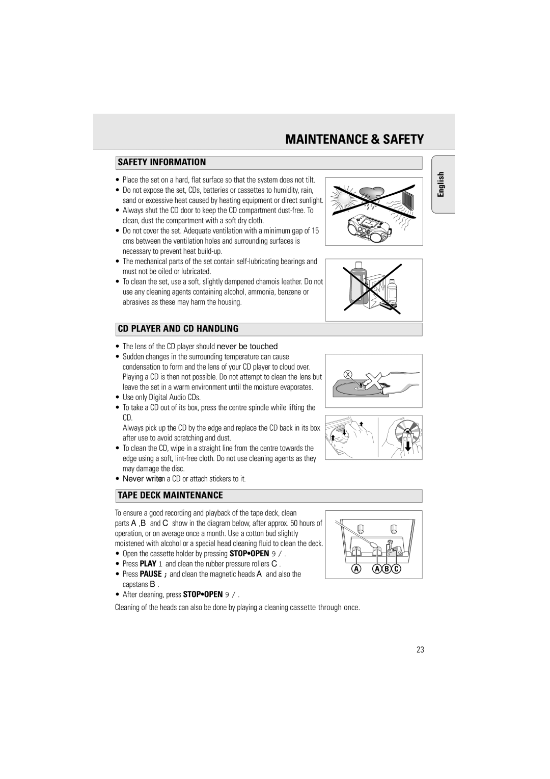 Philips AZ2536/01 user manual Maintenance & Safety, Safety Information, CD Player and CD Handling, Tape Deck Maintenance 