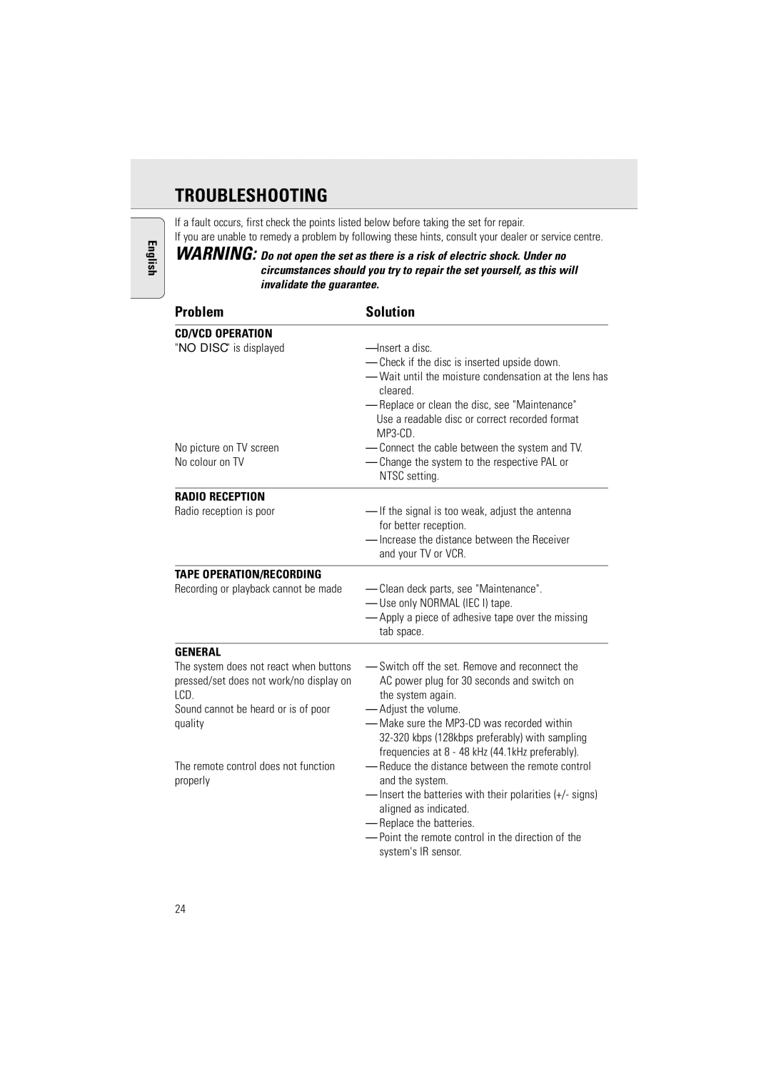 Philips AZ2536/01 user manual Troubleshooting, CD/VCD Operation, Radio Reception, Tape OPERATION/RECORDING, General 