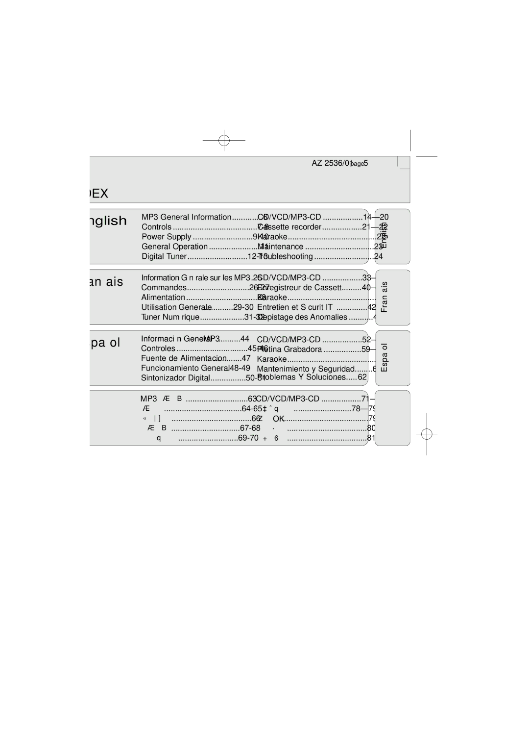 Philips AZ2536/01 user manual Index, Español Français English 