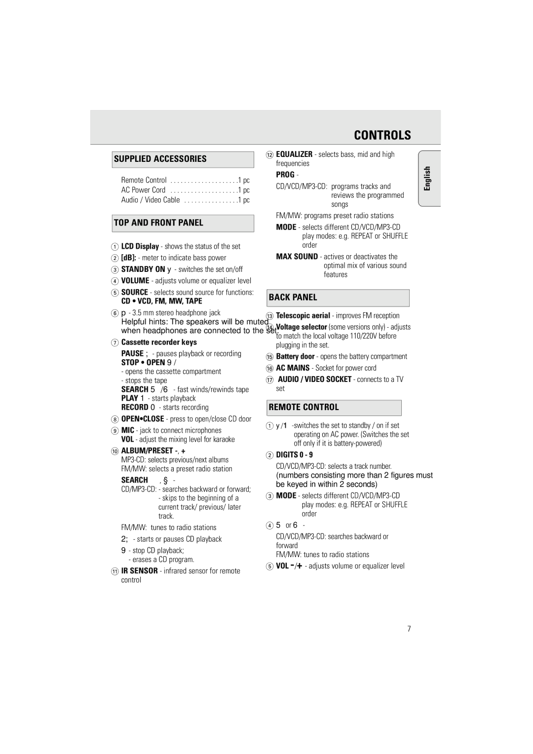 Philips AZ2536/01 user manual Controls, Supplied Accessories, TOP and Front Panel, Back Panel, Remote Control 