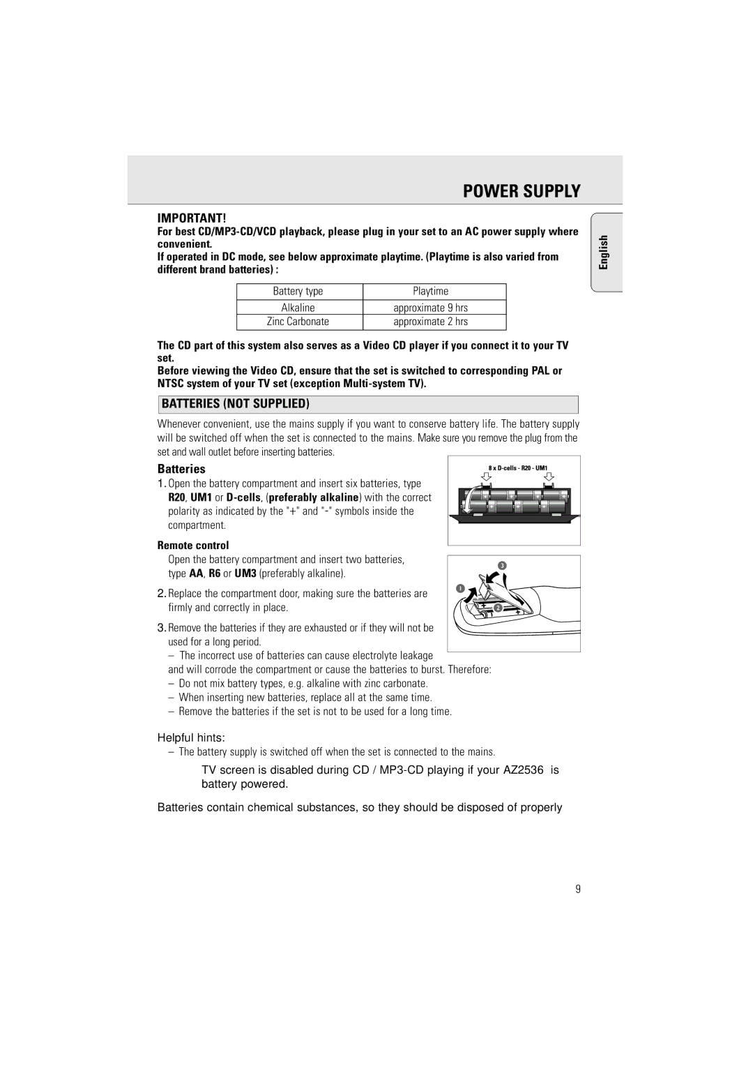 Philips AZ2536/01 user manual Power Supply, Batteries not Supplied, Remote control 