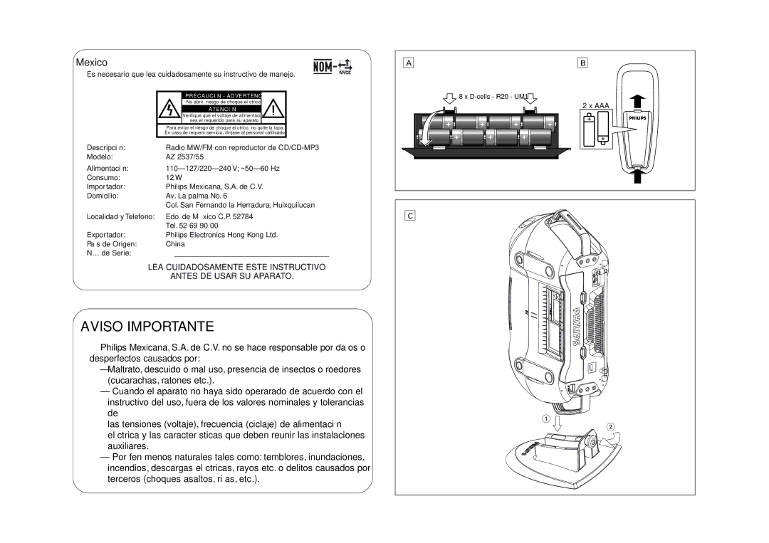 Philips AZ2537 Descripción, Radio MW/FM con reproductor de CD/CD-MP3, Col. San Fernando la Herradura, Huixquilucan 