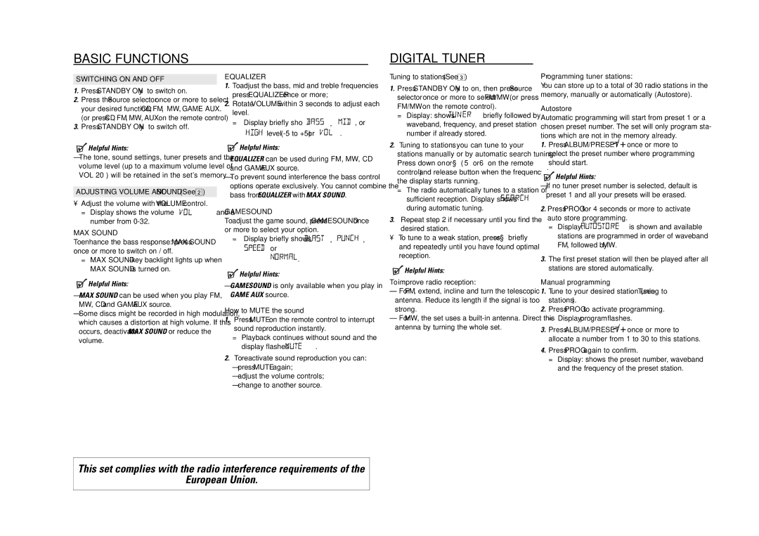 Philips AZ2537 user manual Basic Functions Digital Tuner, Switching on and OFF, MAX Sound, Equalizer, Gamesound 