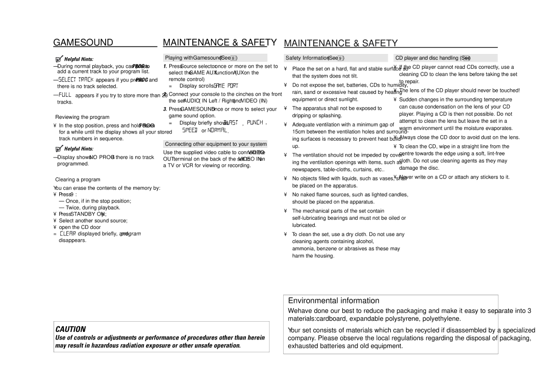 Philips AZ2537 user manual Gamesound, Maintenance & Safety 