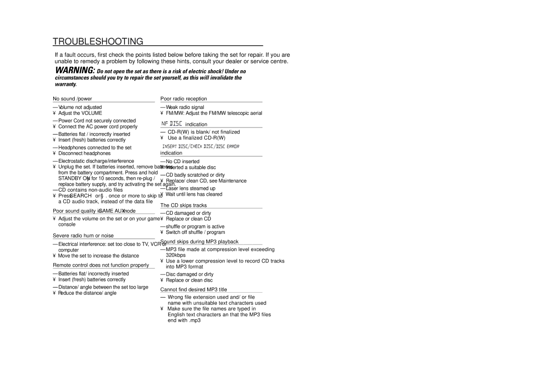 Philips AZ2537 user manual Troubleshooting 