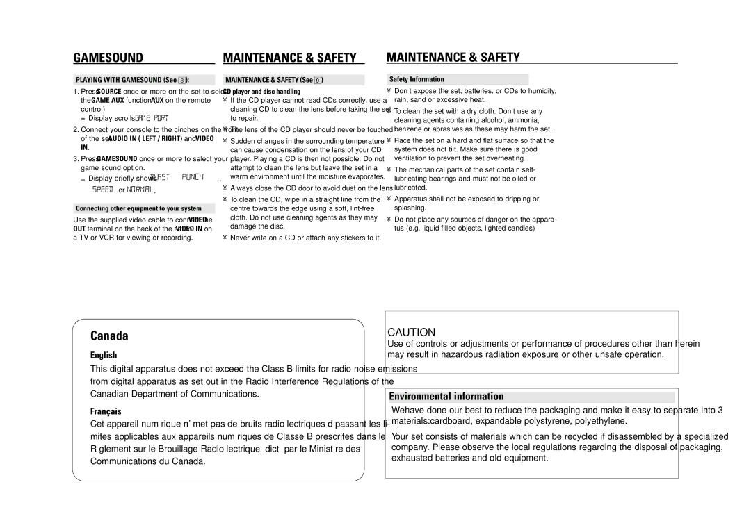 Philips AZ2537/17B warranty Maintenance & Safety, Playing with Gamesound See, Safety Information 