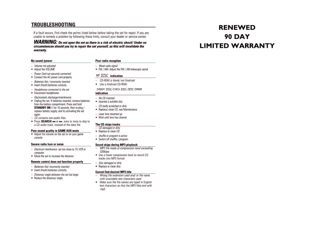 Philips AZ2537/17B warranty 