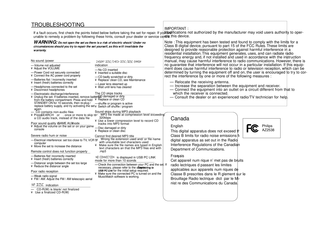 Philips AZ2538 warranty Troubleshooting 