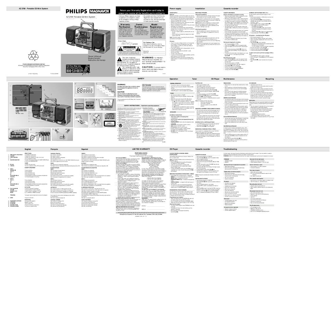 Philips AZ2700 manual Philips Consumer Electronics Company, Power Supply, Removable Speakers, Cassette Recording, Tuner 