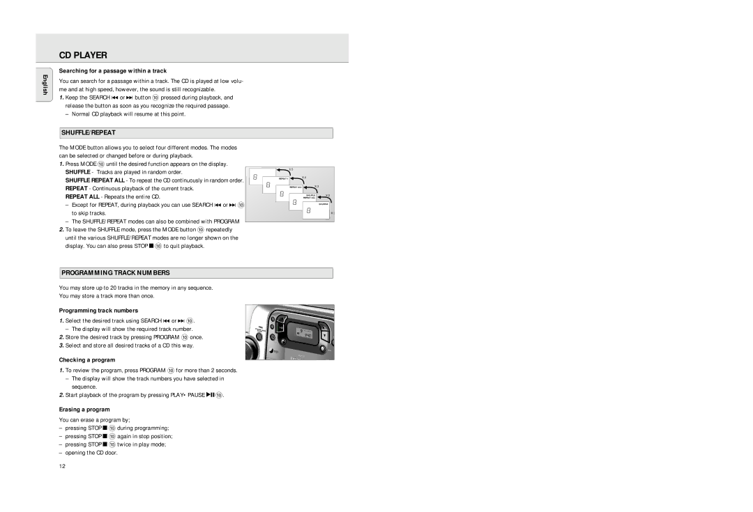 Philips AZ2725 manual Shuffle/Repeat, Programming Track Numbers 