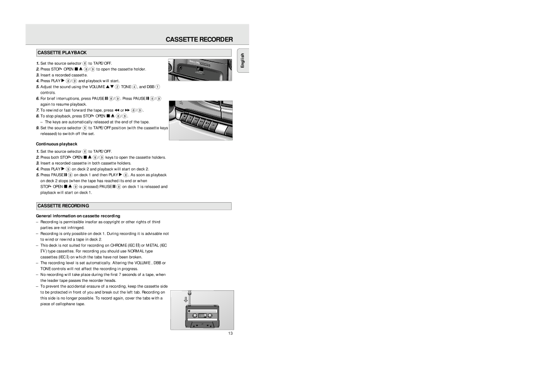 Philips AZ2725 manual Cassette Playback, Cassette Recording, Continuous playback, Set the source selector 6 to TAPE/OFF 