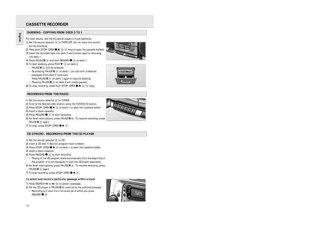 Philips AZ2725 manual Cassette Recorder, Dubbing Copying from Deck 2 to, Recording from the Radio 
