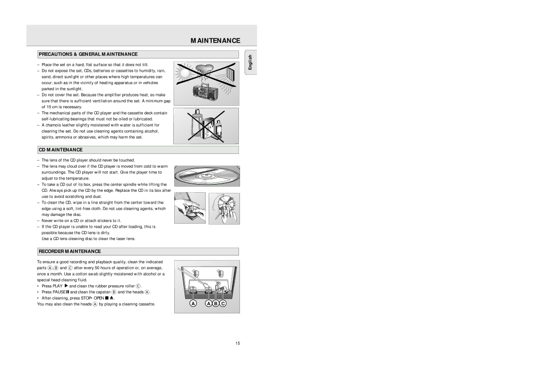 Philips AZ2725 manual Precautions & General Maintenance, CD Maintenance, Recorder Maintenance 