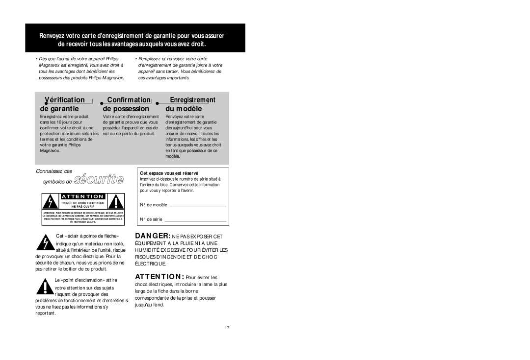 Philips AZ2725 Vérification De garantie, Confirmation De possession, Enregistrement Du modèle, Cet espace vous est réservé 