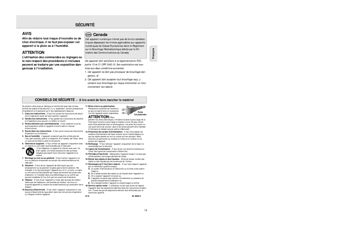 Philips AZ2725 manual Sécurité Avis, Fond sans en laisser aucune partie à découvert 