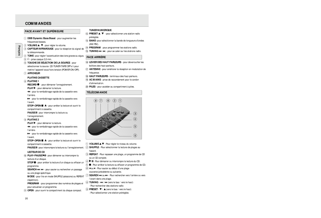 Philips AZ2725 manual Commandes, Face Avant ET Supérieure, Face Arrière 