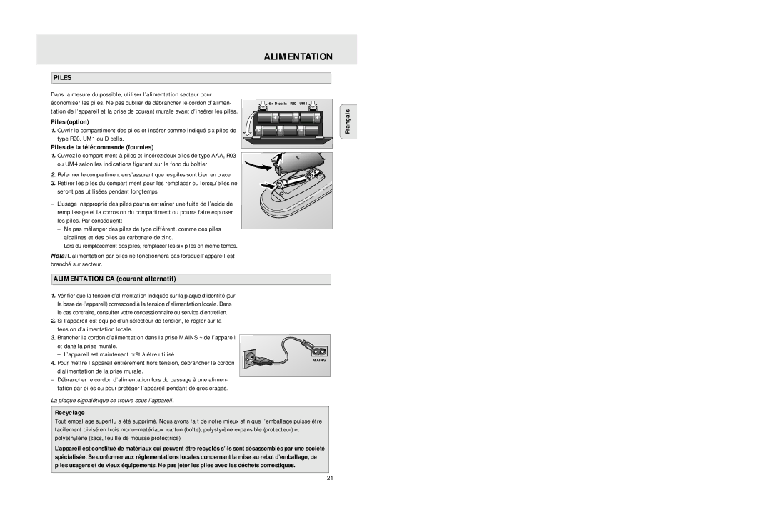 Philips AZ2725 manual Piles, Alimentation CA courant alternatif 