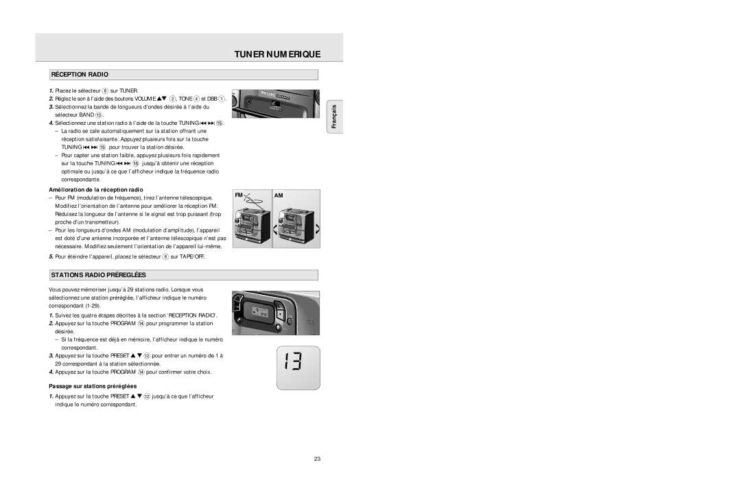 Philips AZ2725 Tuner Numerique, Réception Radio, Stations Radio Préreglées, Français Amélioration de la réception radio 