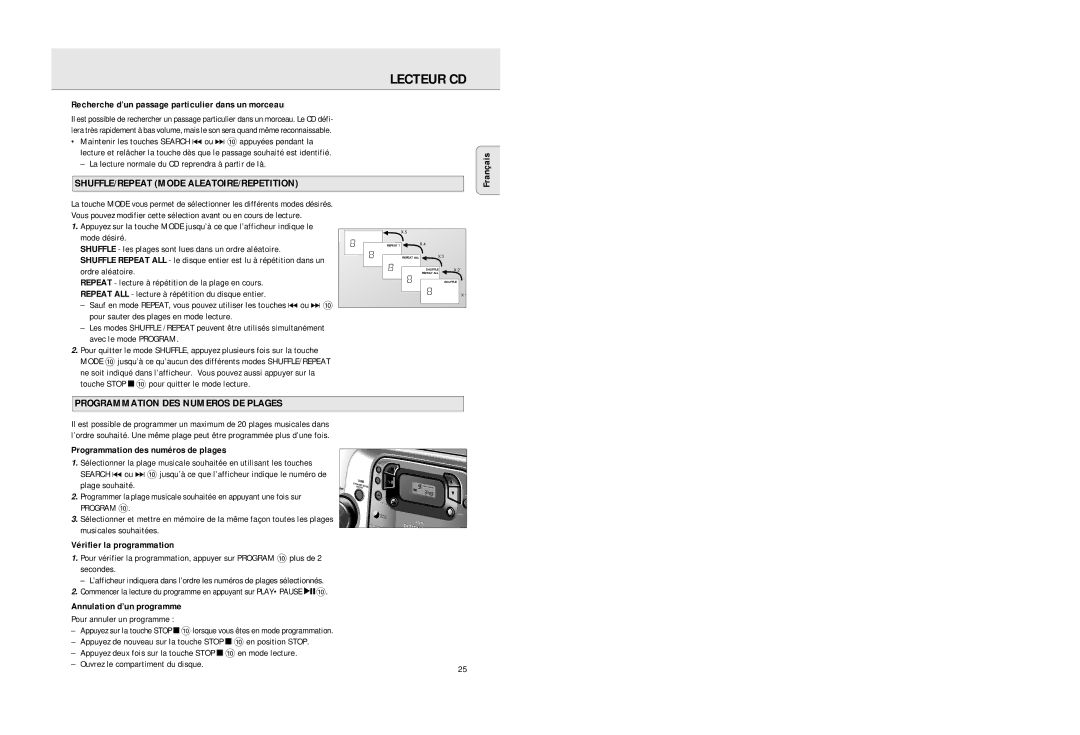 Philips AZ2725 manual SHUFFLE/REPEAT Mode ALEATOIRE/REPETITION, Programmation DES Numeros DE Plages 