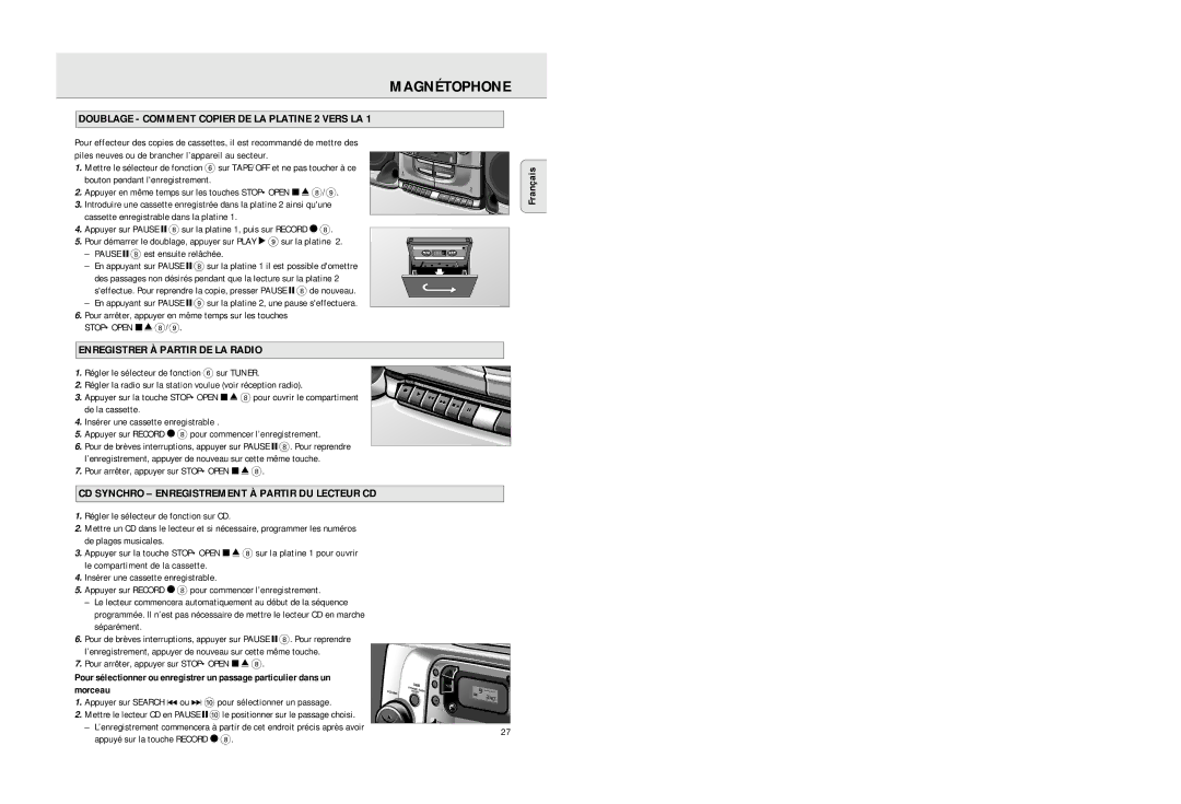 Philips AZ2725 manual Doublage Comment Copier DE LA Platine 2 Vers LA, Enregistrer À Partir DE LA Radio 