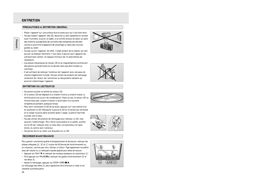 Philips AZ2725 Precautions & Entretien General, Entretien DU Lecteur CD, Ne jamais toucher la lentille du lecteur CD 