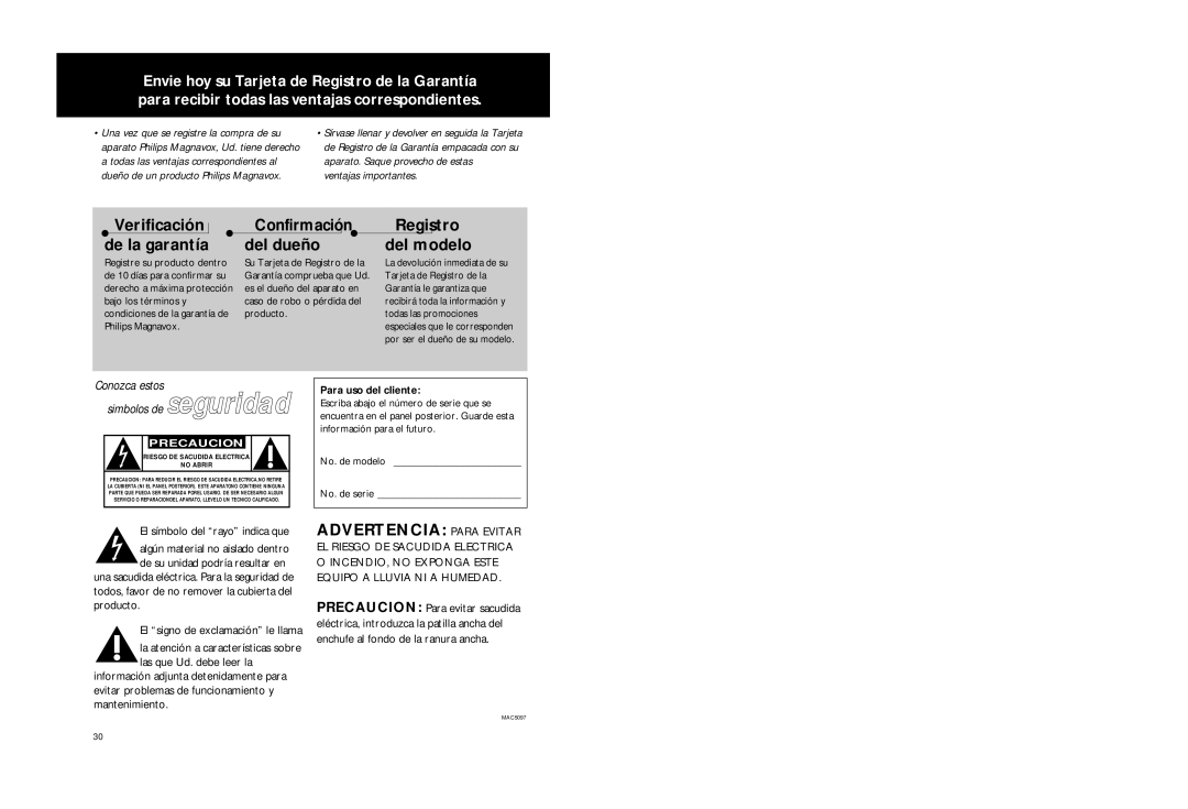 Philips AZ2725 manual Verificación De la garantía Confirmación, Del dueño, Advertencia Para Evitar, Para uso del cliente 