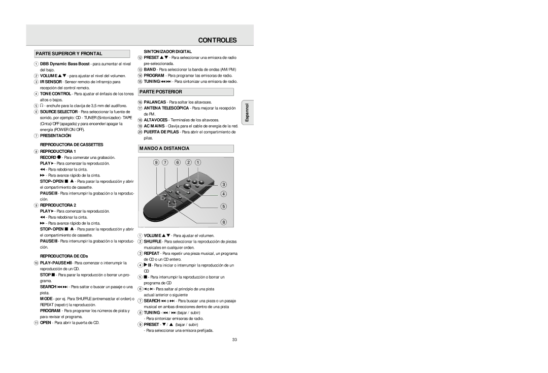 Philips AZ2725 manual Controles, Parte Superior Y Frontal, Parte Posterior, Mando a Distancia 