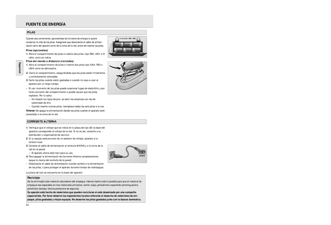 Philips AZ2725 manual Fuente DE Energía, Pilas, Corriente Alterna, Reciclaje 