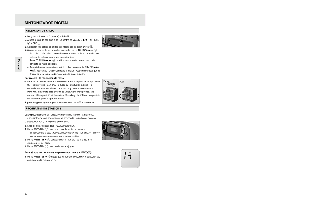 Philips AZ2725 manual Sintonizador Digital, Recepcion DE Radio, Par mejorar la recepción de radio 