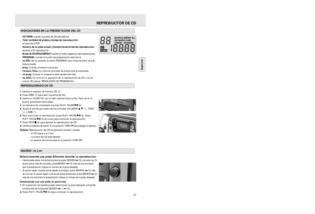 Philips AZ2725 manual Reproductor DE CD, Indicaciones EN LA Presentacion DEL CD, Reproduciendo UN CD, Search ∞ o § 