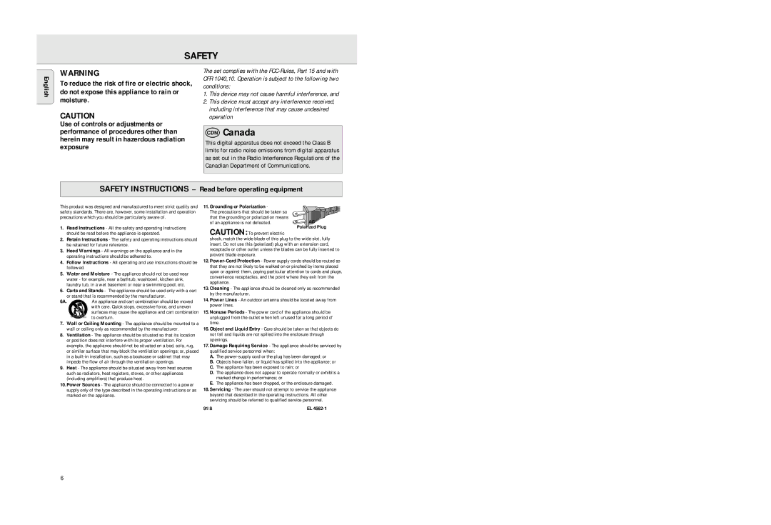 Philips AZ2725 manual Canada, Safety Instructions Read before operating equipment, English 