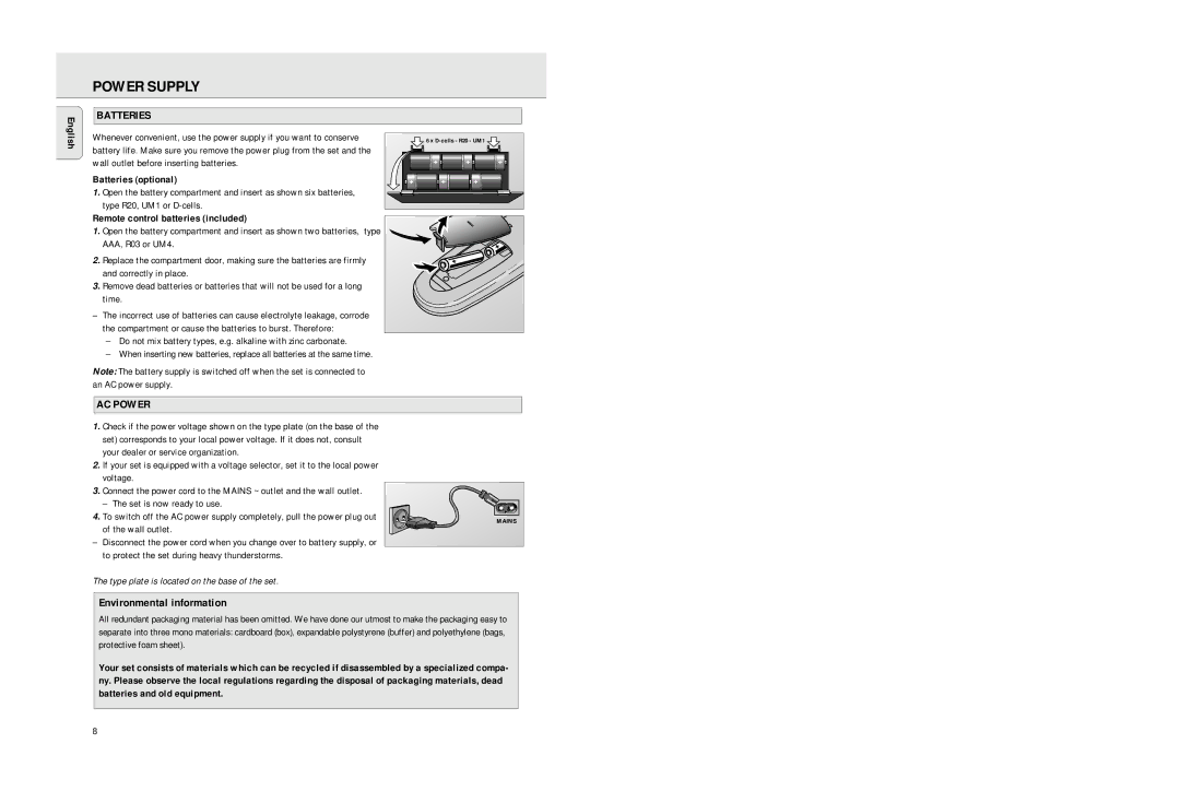 Philips AZ2725 manual Power Supply, Batteries, AC Power, Environmental information 