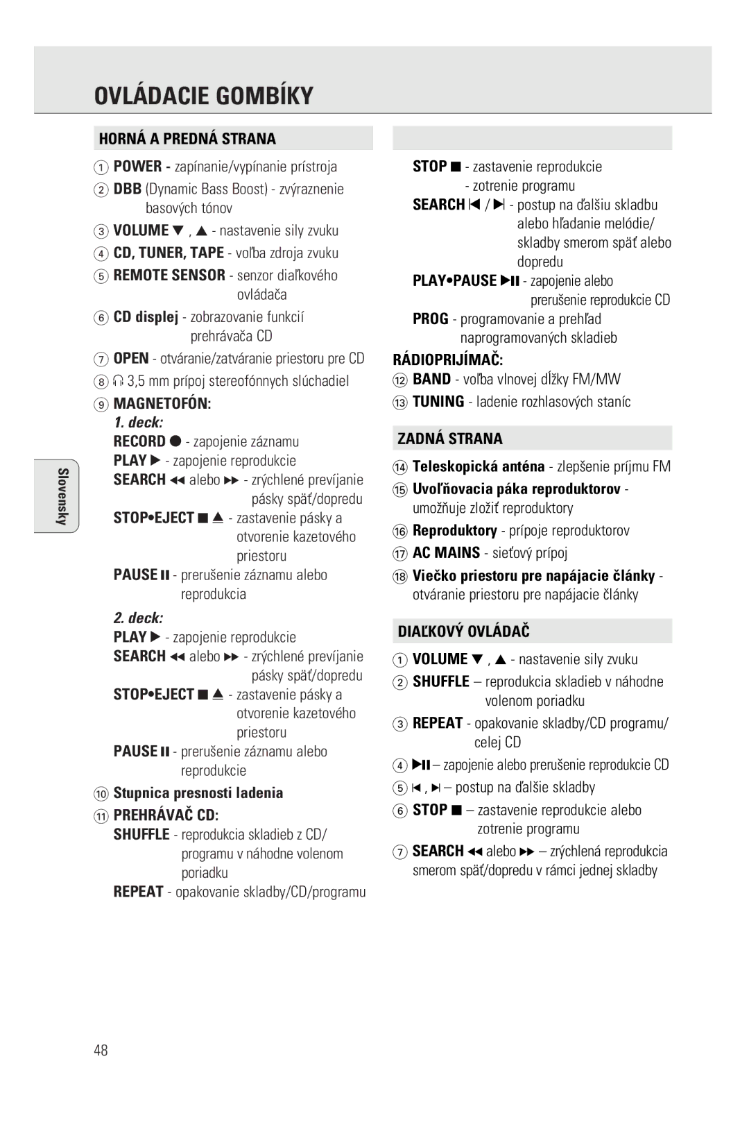 Philips AZ2755 manual OVLçDACIE GOMBêKY, Deck 