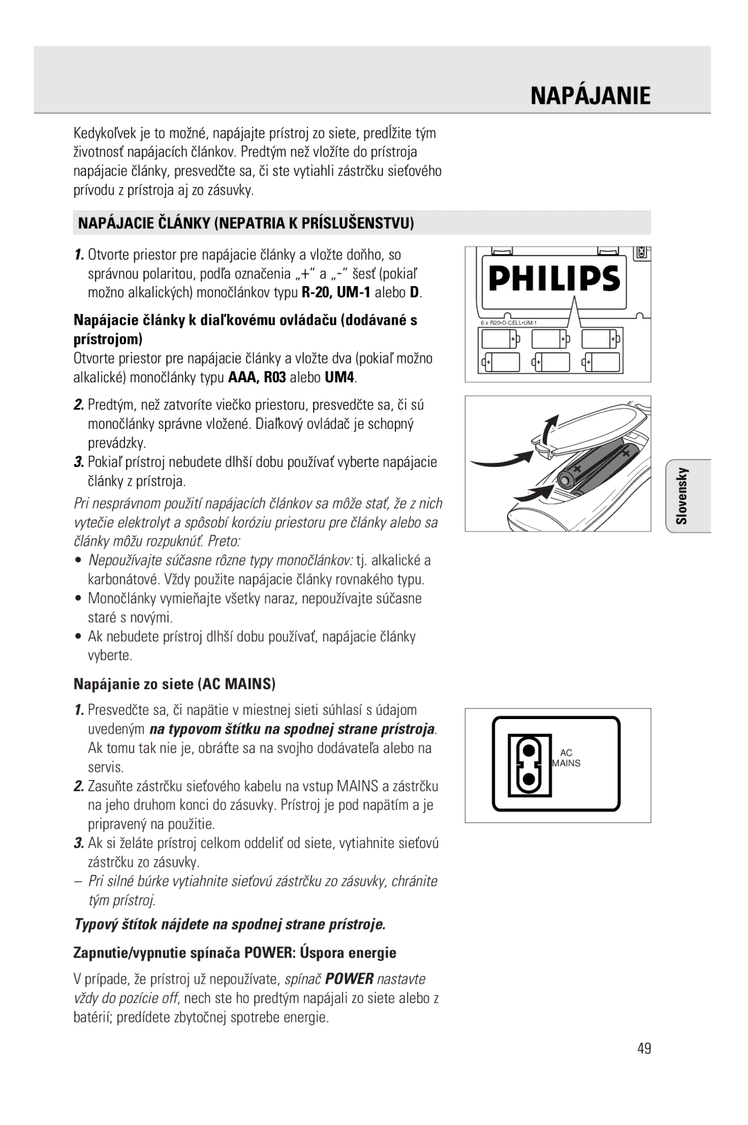 Philips AZ2755 manual NAPçJANIE, Typov´ ¶t’tok n‡jdete na spodnej strane pr’stroje 