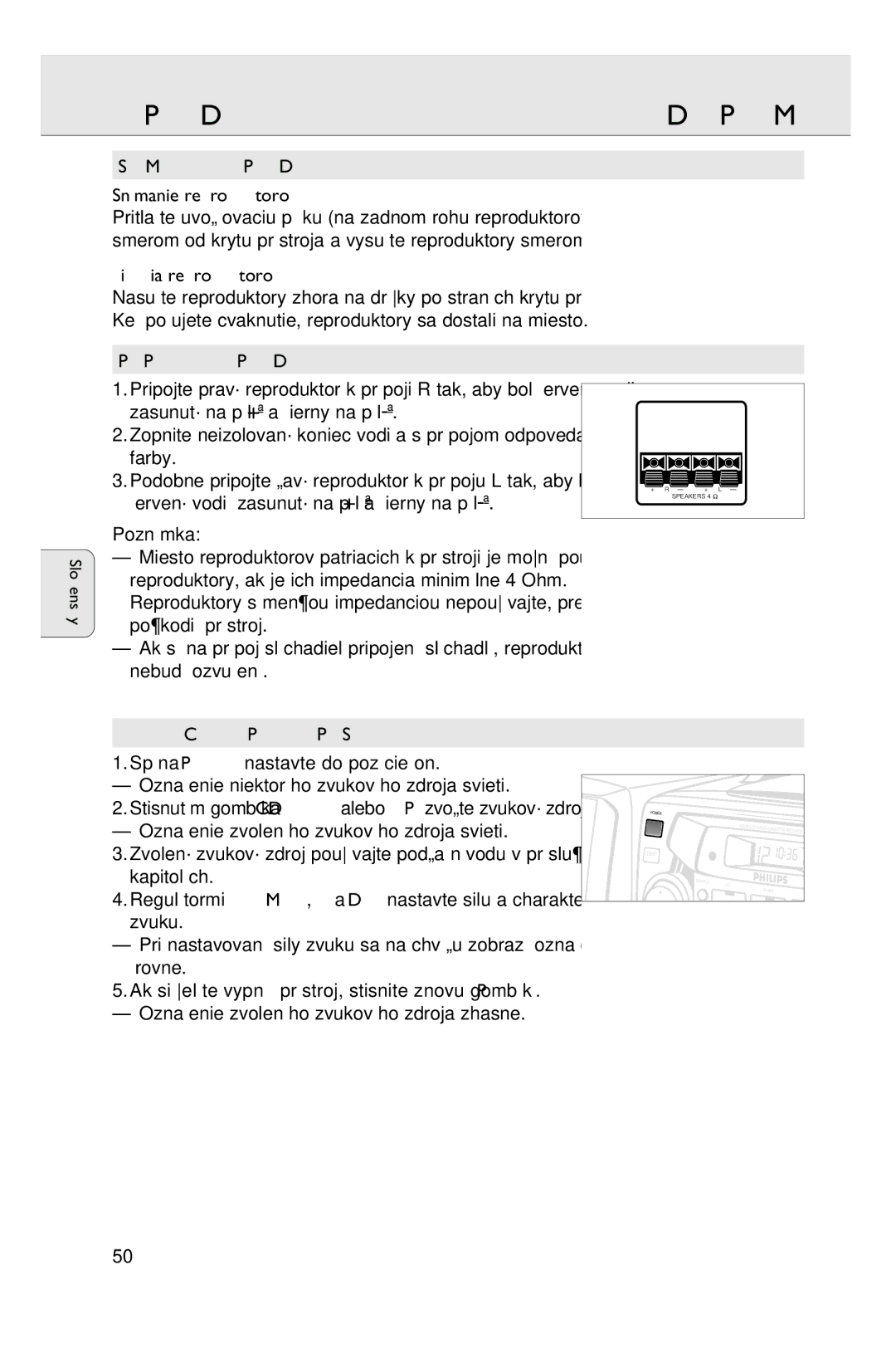 Philips AZ2755 manual REPRODUKTORYRçDIOPRIJêMAé, Pripojenie Reproduktorov, Pozn‡mka 