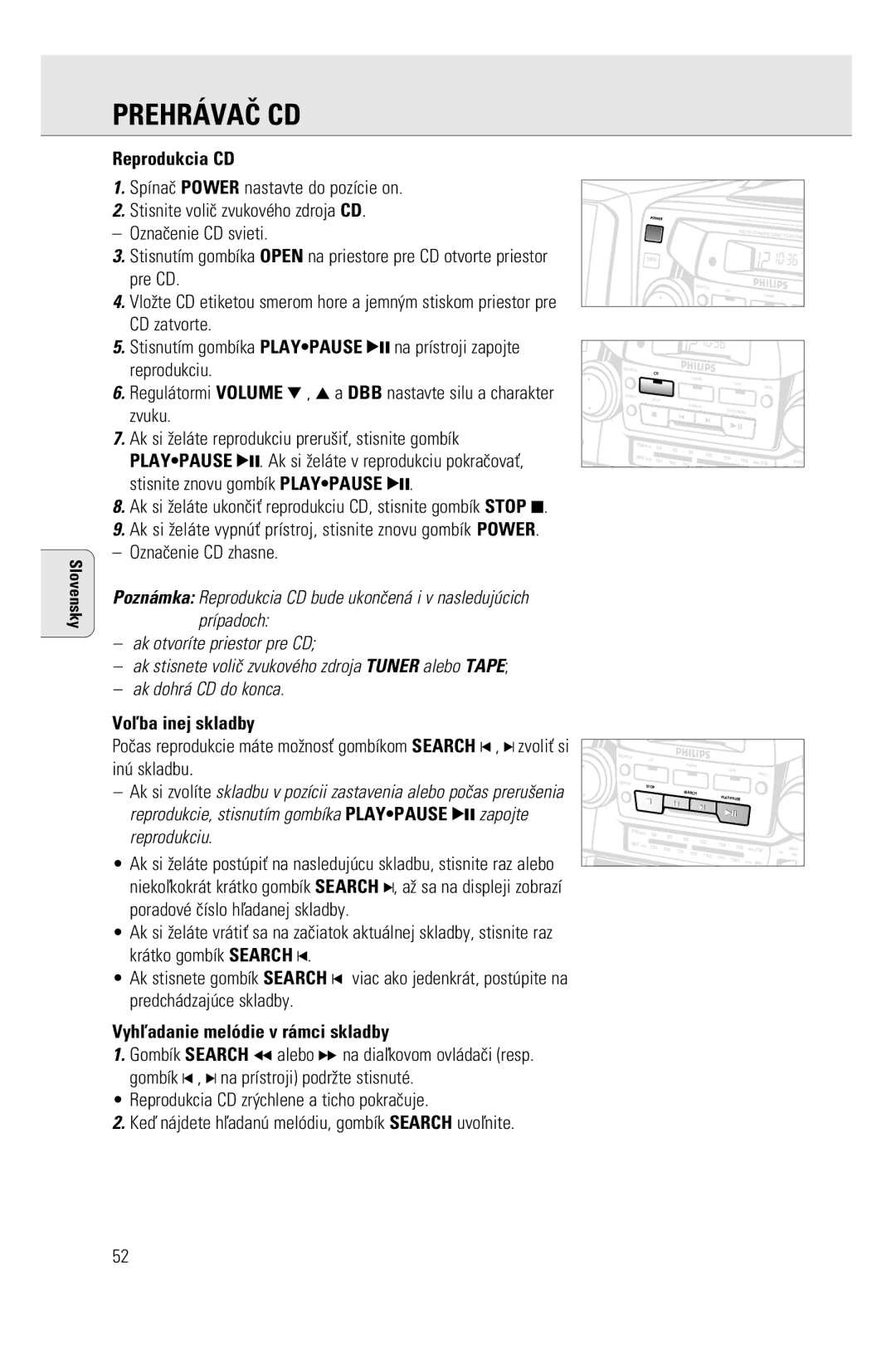 Philips AZ2755 manual Reprodukcia CD, Vo¹ba inej skladby, Vyh¹adanie mel-die v r‡mci skladby 